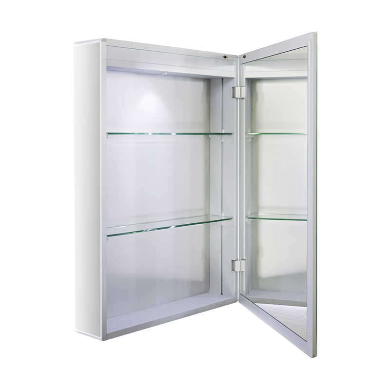 Eintüriger LED-Badezimmerspiegelschrank mit beschlagfreiem Schminkspiegel Eintüriger LED-Badezimmerspiegelschrank mit beschlagfreiem Schminkspiegel