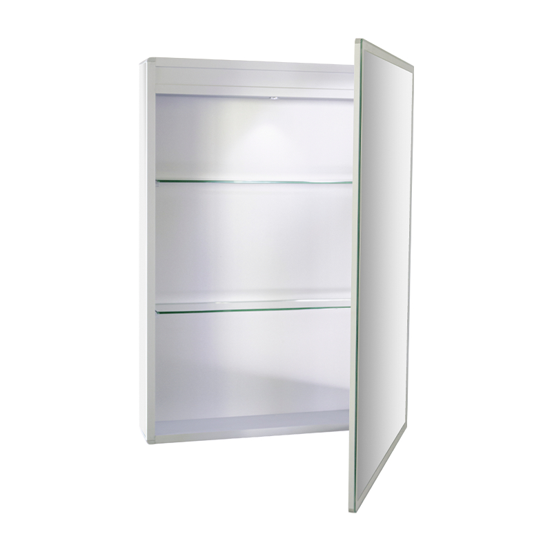 Eintüriger intelligenter Badezimmerspiegelschrank mit LED-hintergrundbeleuchtetem Schminkspiegel Eintüriger intelligenter Badezimmerspiegelschrank mit LED-hintergrundbeleuchtetem Schminkspiegel