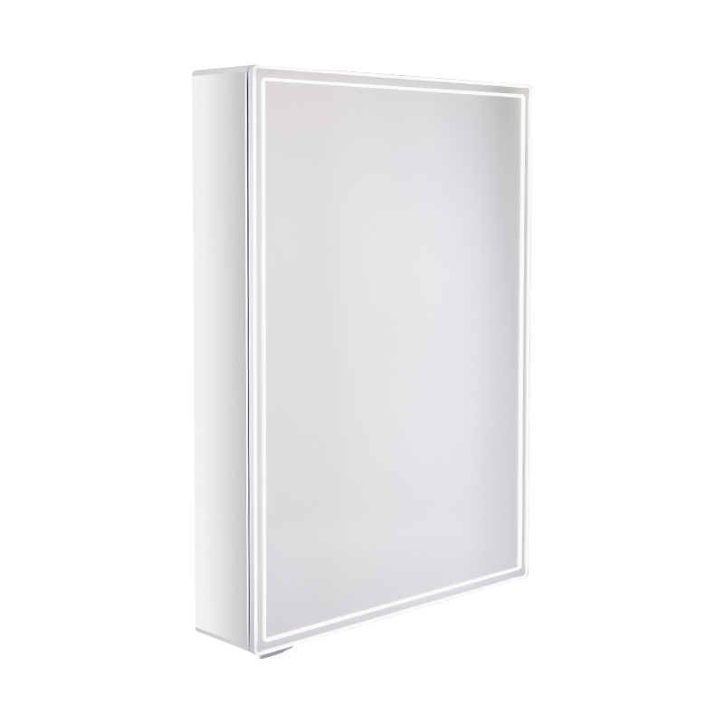 Eintüriger intelligenter Badezimmerspiegelschrank mit LED-hintergrundbeleuchtetem Schminkspiegel Eintüriger intelligenter Badezimmerspiegelschrank mit LED-hintergrundbeleuchtetem Schminkspiegel